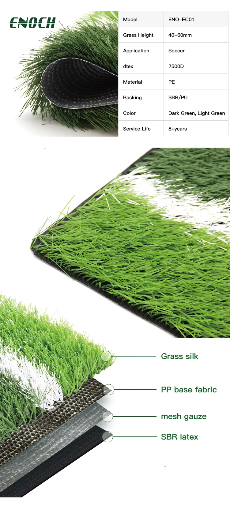 50mm Pile Height Artificial Grass with Easy Installation Soft Touch and High Tenacity for Football Fields