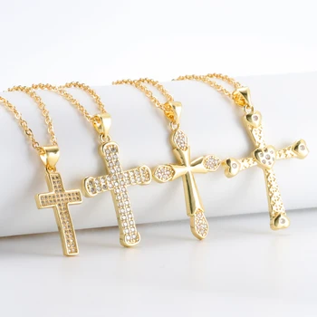 Bulk Wholesale Cross Necklace Jewelry Inlay Full Diamond 18k Gold Jesus Cross Pendant Necklace For Christian Prayer