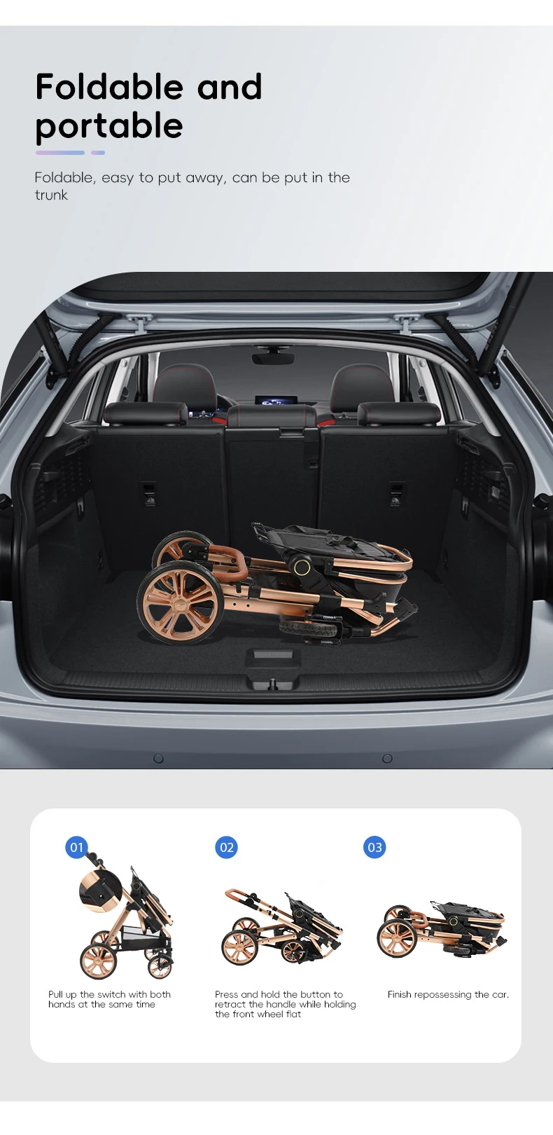 3-in-1 Baby Stroller Folding Infant Newborn Pram Stroller with Reversible Seat - Toddler Strollers for 0-36 Months