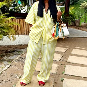 GX7148A Fashion 2026 Women Clothing Vendor Autumn Street Wear Short Sleeve Stripped Shirt and Wide Leg Pant 2 Piece Set