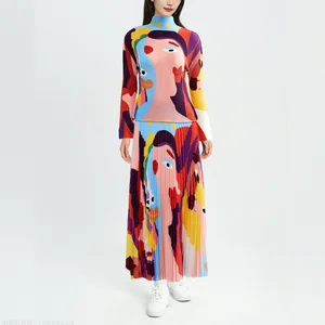 Best Selling in Europe and America Fashion Two Piece Sets Women Fashion Set Long Sleeve Pleated Top and Printed Pleated Skirt