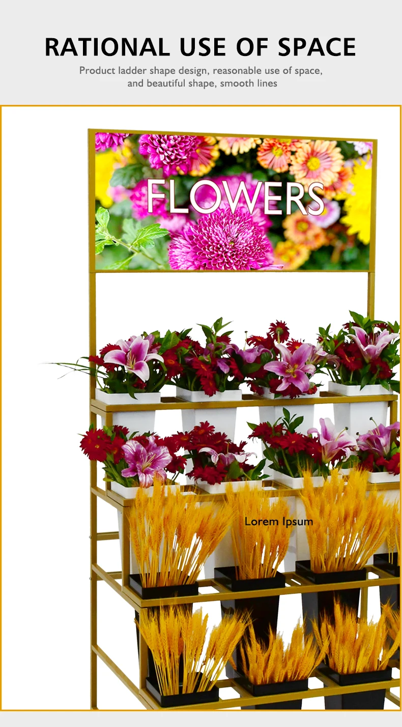 Flower Shop Flower Display Stand 4 Layer Decorative Flower Beautiful Golden Display Rack With 16