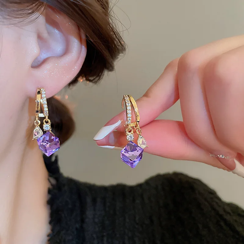 Double Layer Water Droplet Purple Diamond Genuine Gold Electroplating Fashion Elegant Luxury Wholesale Stud Earrings for Women