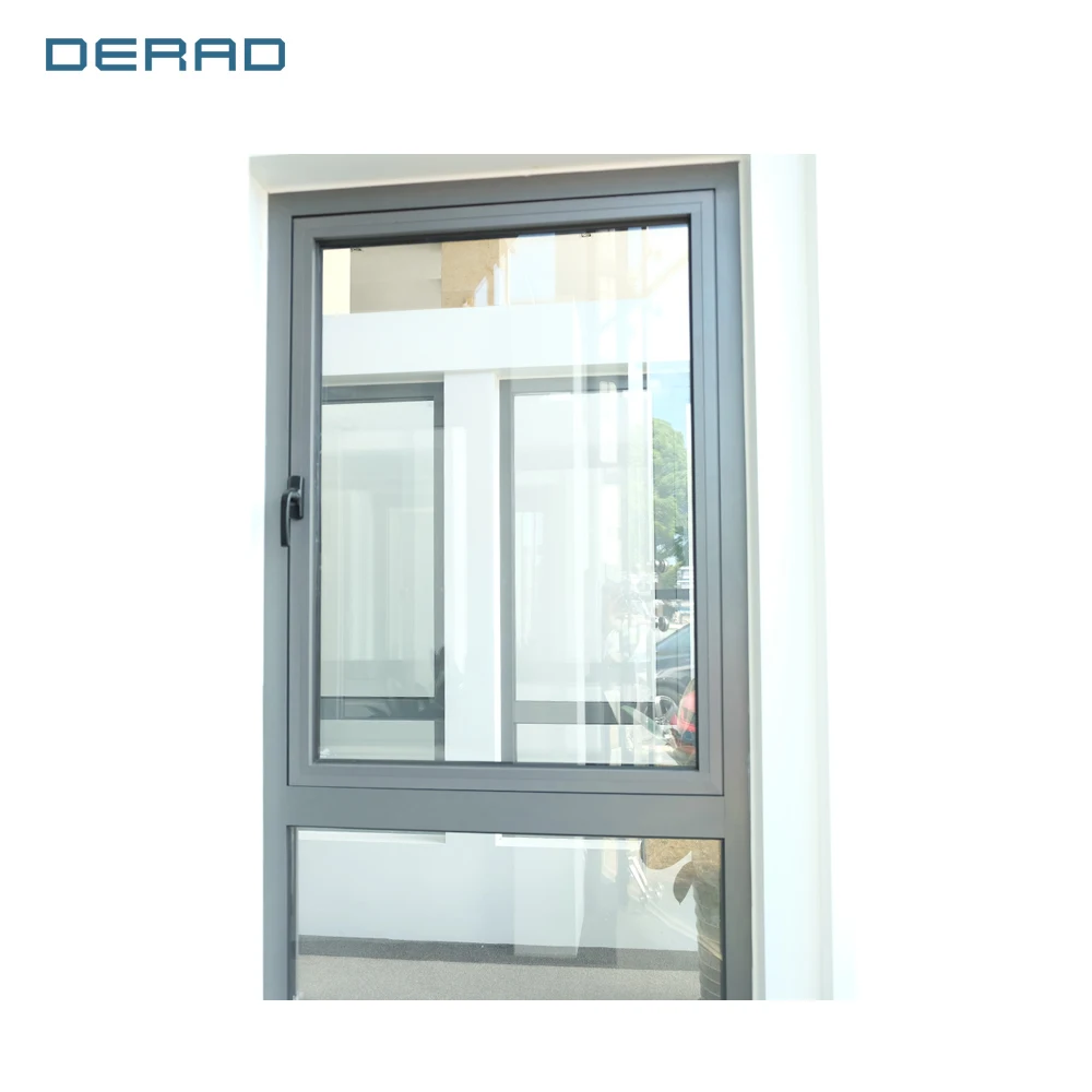 Grey color customized size outward opening window and fixed part aluminum casement window with low-e double glass for toilet factory