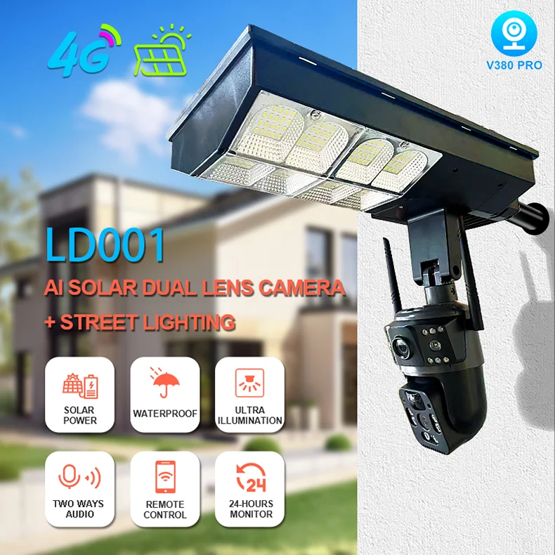 NEW Arrive Small Size 2 in 1 Courtyard Street Light Solar Camera V380 Pro Cctv Camera Dual Lens Solar 4g Sim Ptz Dome Camera