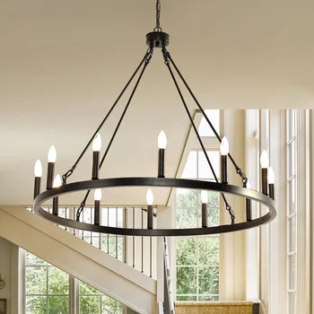 thumbnail image 2 of 38" Black Wagon Wheel Chandelier - 12-Light Modern Farmhouse Fixture For Dining Room, Living Room 2 of 13