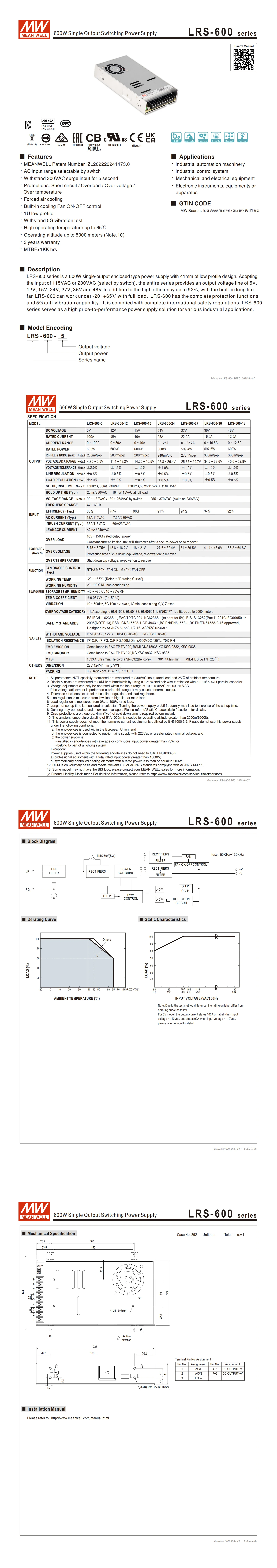 Meanwell LRS Ac Dc 35w 50w 75w 100w 150w 200w 350w 450w 600w Power 5v 12v 15v 24v Led Single Output Switching Power Supply