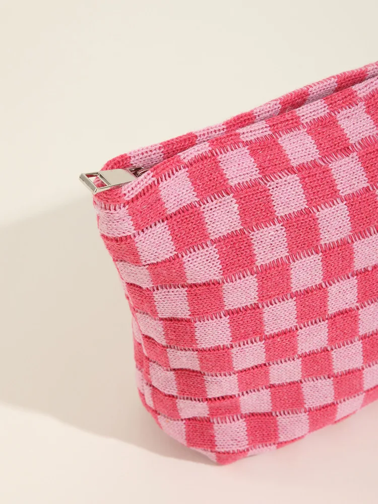 Knitted Checker Makeup Pouch With Zipper Makeup Brushes Storage Bag ...