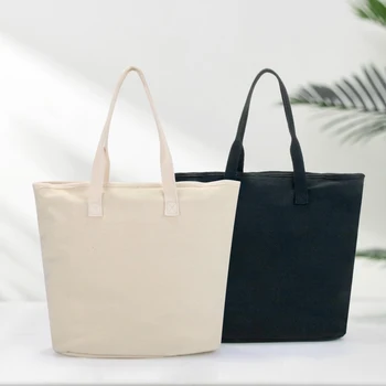 Promotion Customized Logo Beach Tote Bag With Zip Pouckes Nature Black Zipper Closure Black Cotton Canvas Tote Bag For Women