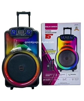 15 Inch DJ Karaoke Bass RGB Light Wireless BT MIC USB Trolley Bluetooths Portable Speakers With Microphone
