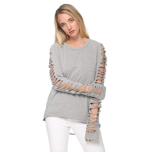 Popular Ripped Cut Out Holes Long Sleeve Faded Distressed Laser Wash Hip Hop Style Unisex Pullover Shirt