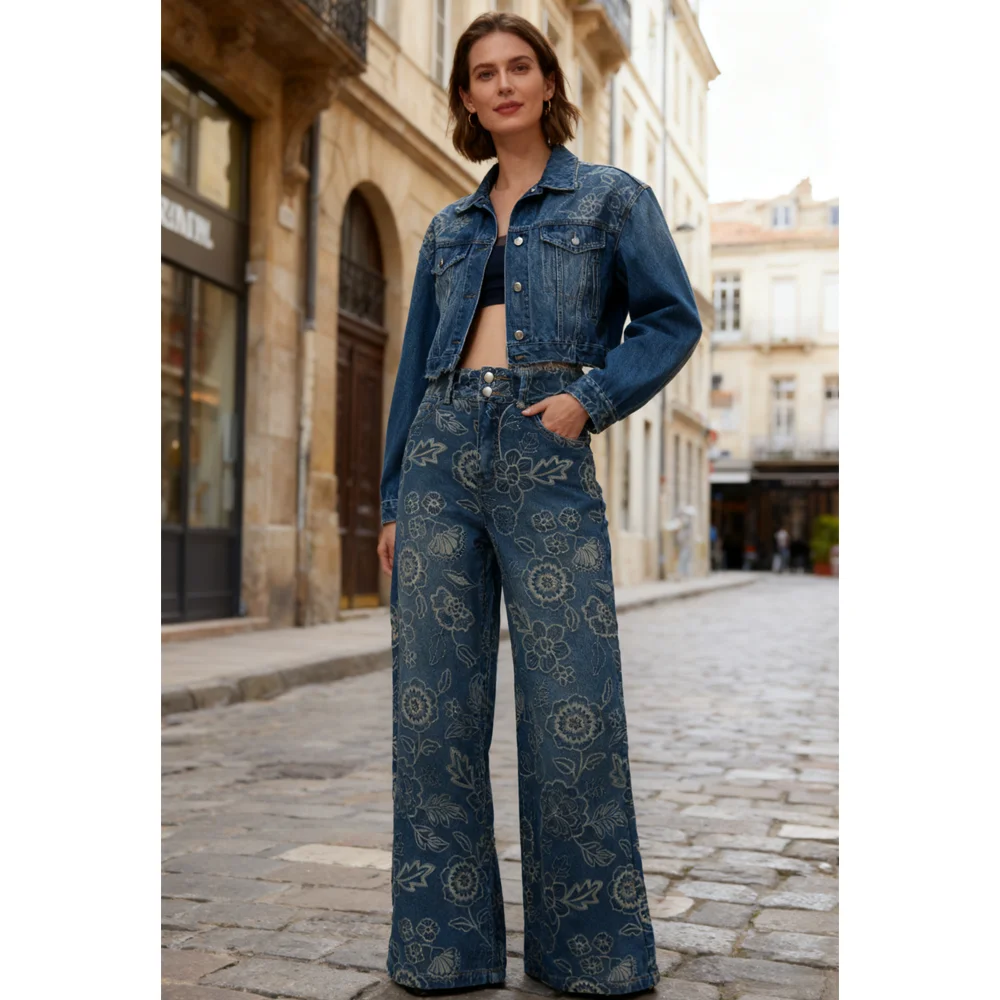 Floral Printed Women's Wide Leg Jeans Trendy High Waist Denim Pants Fashion Casual Vintage Trousers