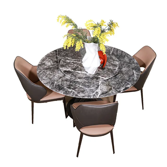 Luxury Black Round Dining Room Table Natural Marble Top SS Base Rotation Dining Table Set 4 Chairs