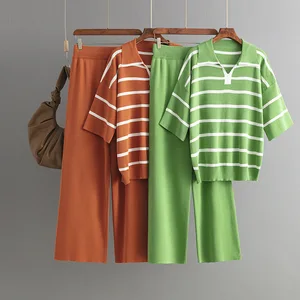 Fashion Casual Summer Knit Strip O-Neck Short Sleeve T-Shirt High Waist Slimming Wide Leg Shorts Knit Set for Women
