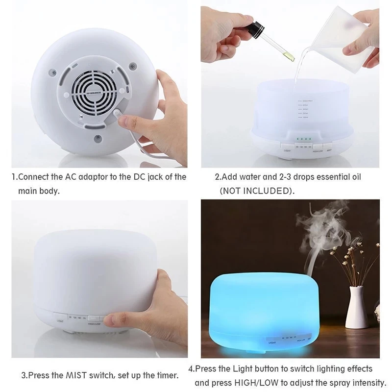 Electric 500ML Ultrasonic Aromatherapy Diffuser Essential Oil Diffuser 7 Colours Mist air Humidifier for Home Office