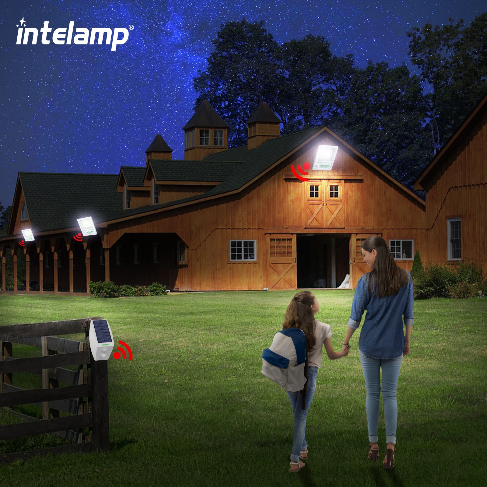 Intelamp Mutual Control Sensor Solar Flood Lights Waterproof LED Outdoor Wall Light Motion