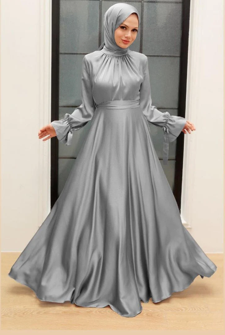 Custom Islamic Muslim Bridesmaid Dresses Dubai Modest Satin Dress Big Hem Muslim Maxi Dress for Women Custom Islamic Muslim Bridesmaid Dresses Dubai Modest Satin Dress Big Hem Muslim Maxi Dress for Women