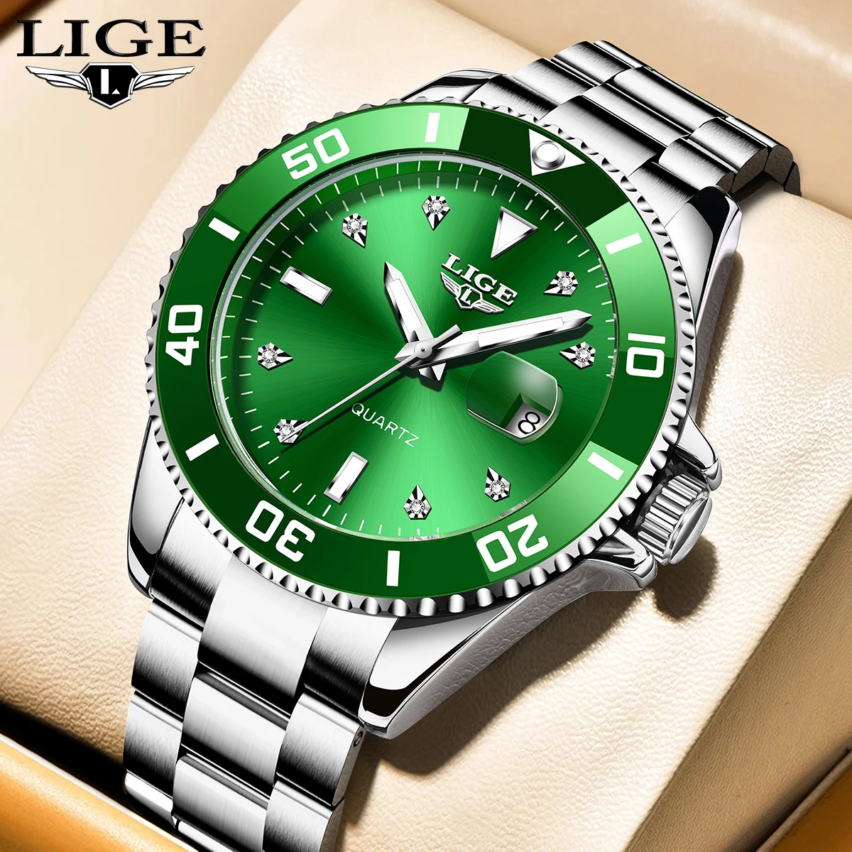 LIGE LG89152 メンズカジュアルビジネス防水クォーツ腕時計 43mm