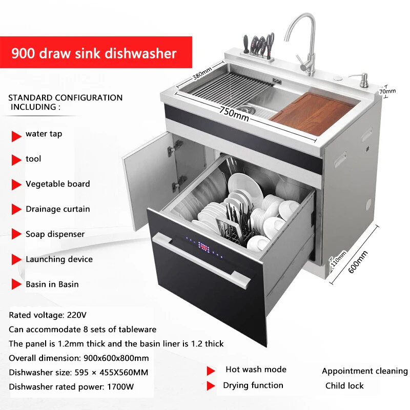 3 In 1 Sink Home Intelligent Ultrasonic Dishwasher Automatic Stainless