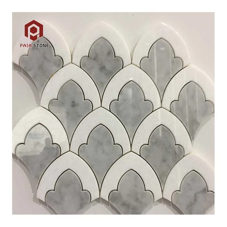 ดีไซน์ หินอ่อนสีขาวคาร์ราร่าขัดเงาแบบเจ็ทฉีดน้ำ กระเบื้องโมเสกสำหรับปูพื้น