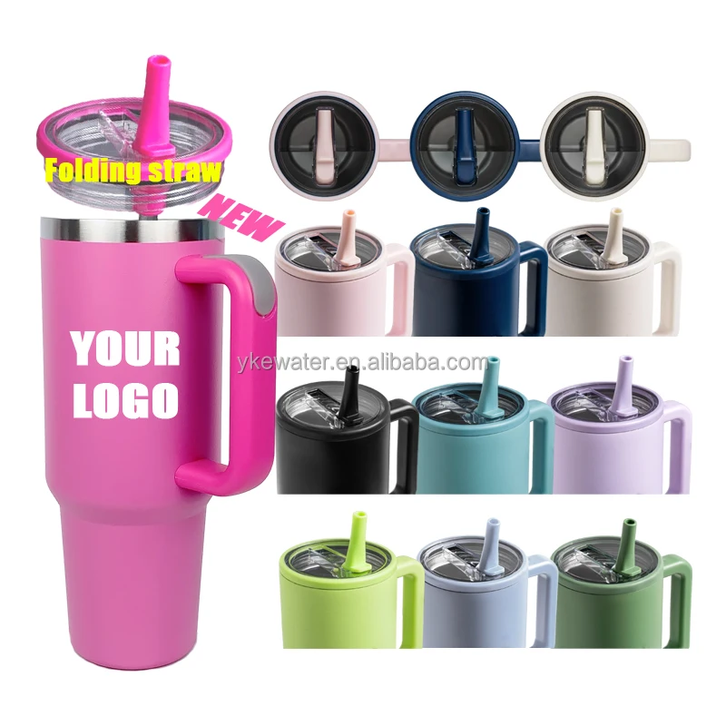 40 Oz Tumbler With Handle And Foldable Straw Of Lid Reusable Iced