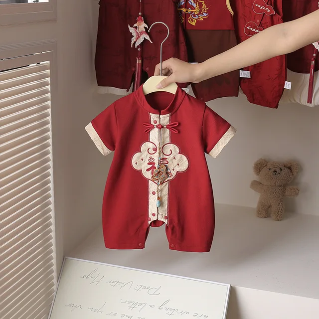 Chinese Traditional Baby Romper Summer Newborn Birthday Party Outfit for Boys Girls 0-12 Months Ceremony ODM Supply Knitted