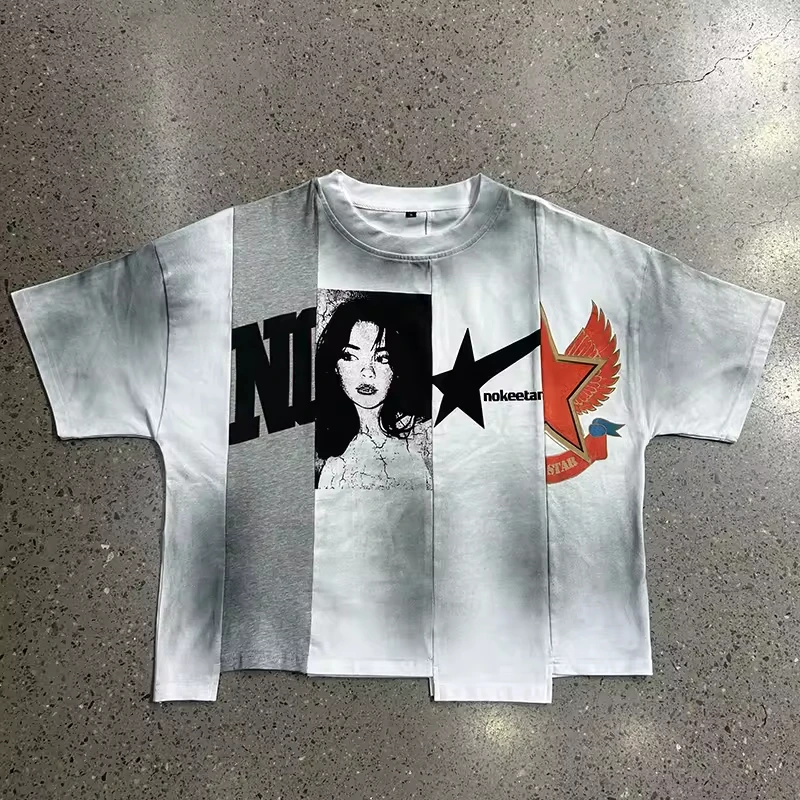 SLALTI Custom Cotton Splicing Dirty Heavyweight Cropped T-Shirt Screen Printing Tees Irregular Patchwork Boxy T-Shirt Men