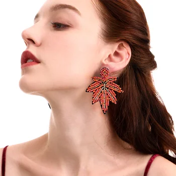 Canada Jewelry Trendy Bohemian Statement Hanging Maple Leaf Drop Seed Beaded Earrings
