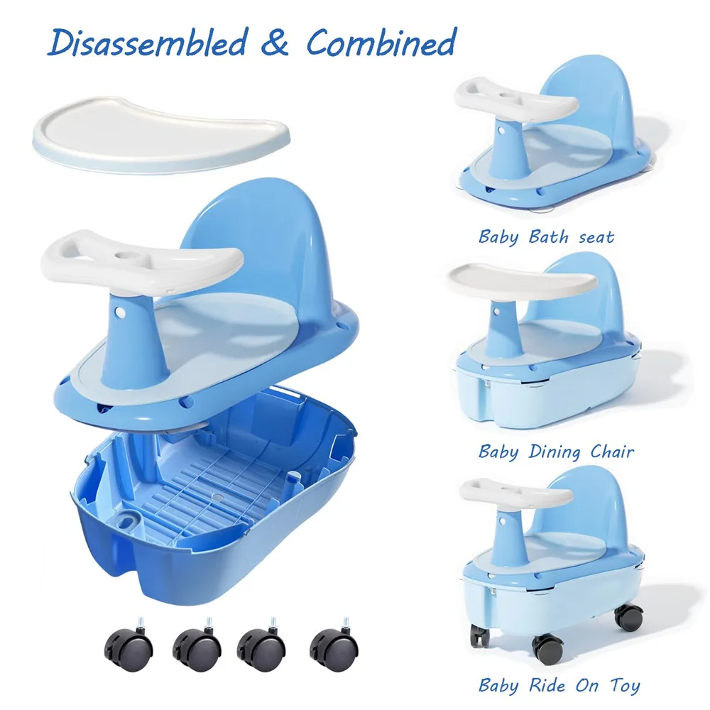 BBCare 3-in-1 Baby Bath & Dining Chair Soft Ride-On Toy Car with 4 Wheels & Tray Storage for Infant Sitting & Playtime up