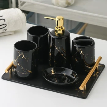 Wholesale Decorative Home Accessories Black Marble effect Ceramic Natural Bathroom Set
