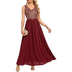 Women's V-neck Sequined Empire Waist Bridesmaid A-line Long Chiffon Formal Evening Dress Gown with High Waist