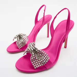 Fashionable Women's Bright Rhinestone Bow High Heels with Thin Heels and Sandals in the Back Half
