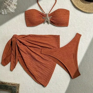 New Three-Piece Women's Swimsuit Set Solid Color Triangle Bra Bikini with Lace Waist Thong Personalized Free Design Swimwear