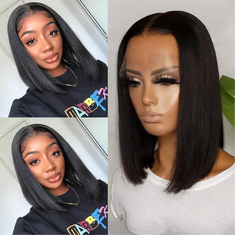 European and American Women's Short Straight Black Wig Middle Part Front Lace Rose Net Hair Set Made of Chemical Fiber