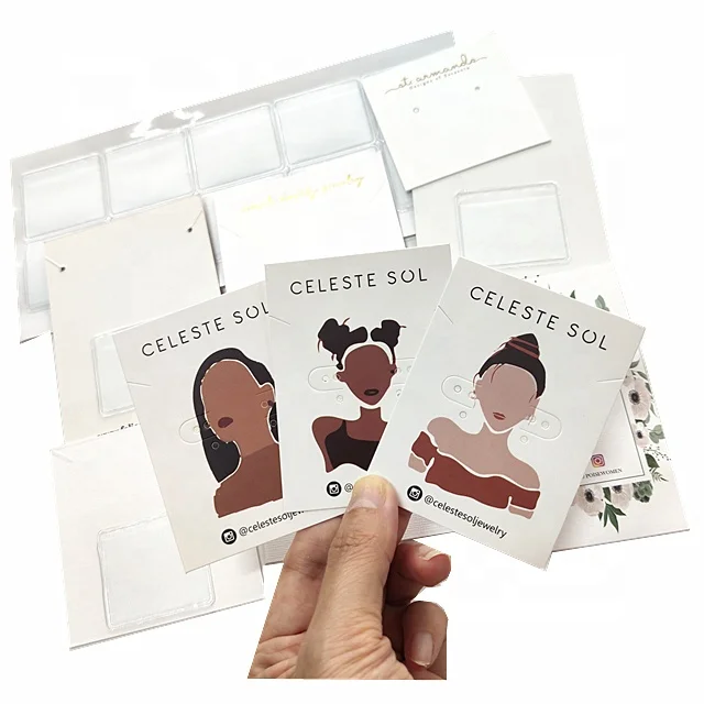 Low Moq Custom Printing Small Card Cheap Price Square Jewelry Necklace Earring Paper Card with Soft PVC Pocket on back