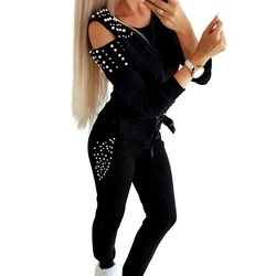 Fashion Round Neck Solid Color Beading Joggers Suits Sexy Two Piece Sets For Women
