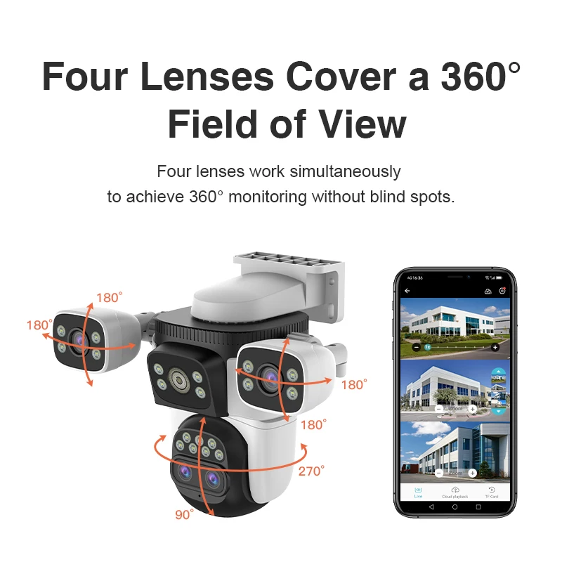 Factory Four-Lens Network Camera Wifi 360 Degree Color Night 12MP Two-Way Audio Cloud Auto Tracking Smart Alarm Security CCTV