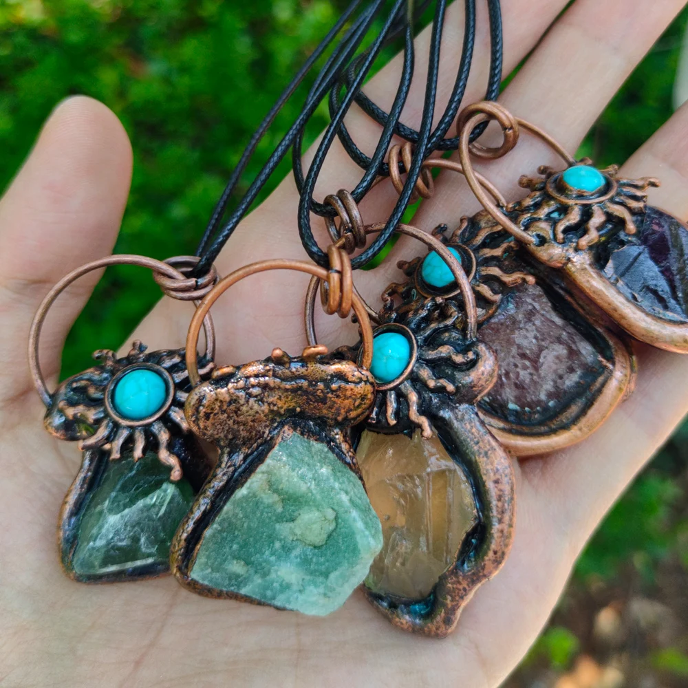 Natural Crystal Raw Stone Bronze Soldered Pendant Sun Turquoise Crystal  Quartz Retro Style Bronze Necklace Crystal Gift