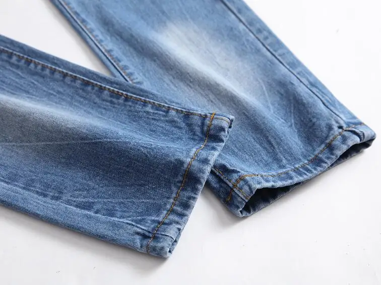 Men's Slim Fit Knee Hole Jeans Distressed Shabby Pants Art Patches Skinny Biker Blue Jeans Trousers