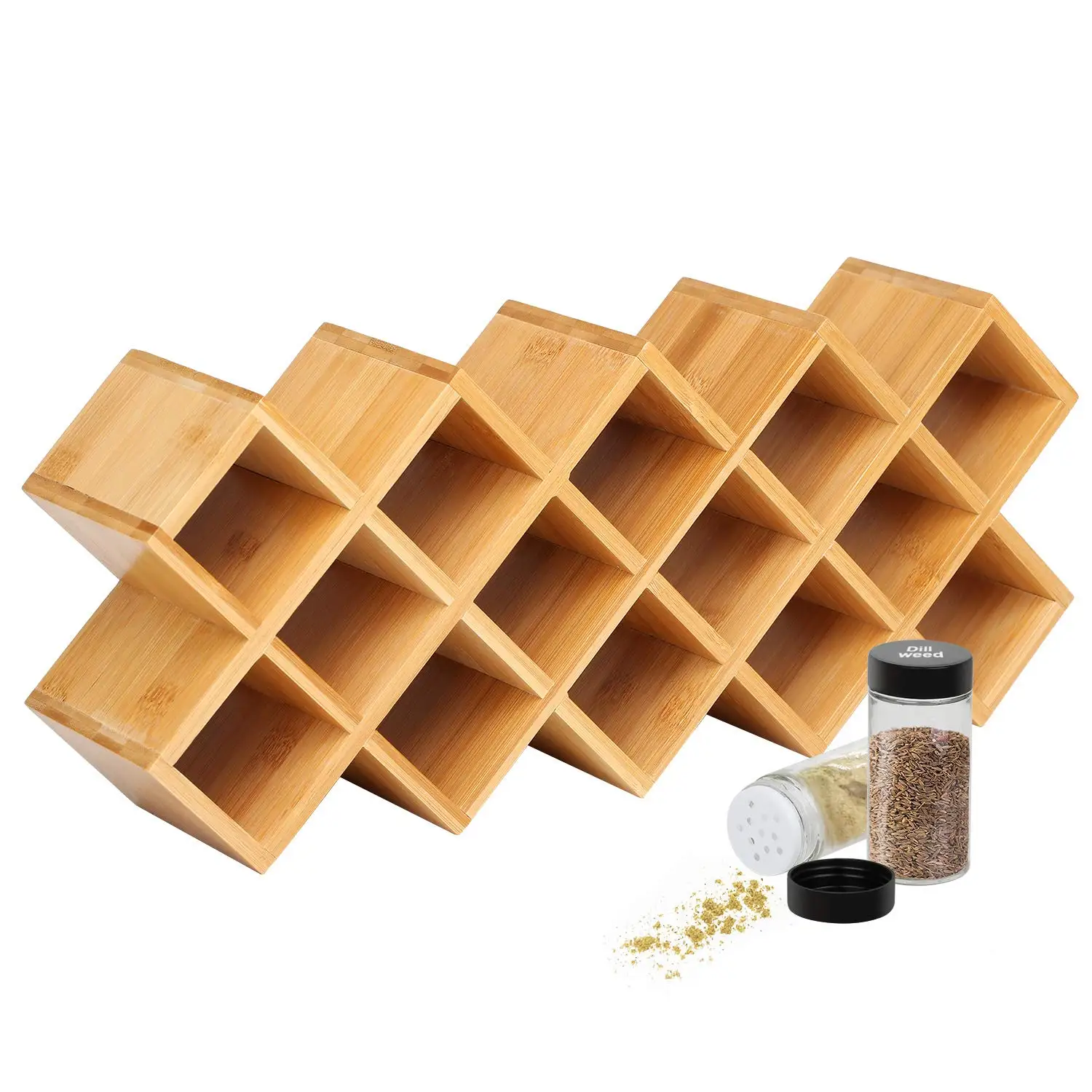 Wholesale Wall Mounted 18-Jar Bamboo Spice Rack Wood Seasoning Organizer Shelf Holder for Kitchen Couterntop Storage