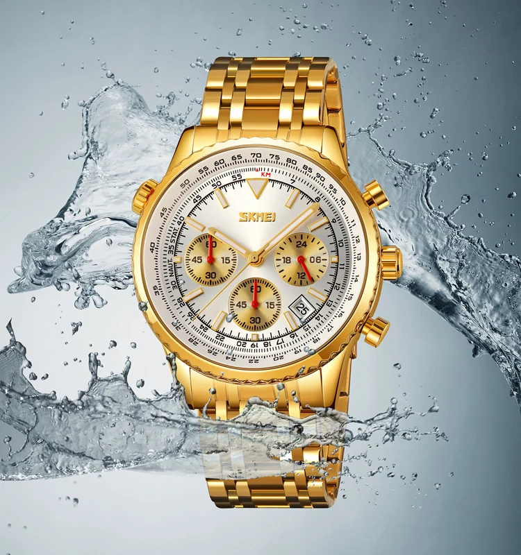 Skmei 9333 Business Gold Waterproof Date Stop Watch