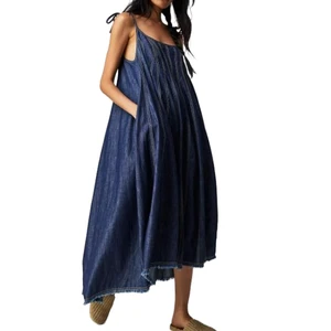 Women's Denim Midi Dress Navy Blue Washed Fashion Sexy Spaghetti Strap Loose Fit Garment Dyed Street Casual Wear Long Dresses