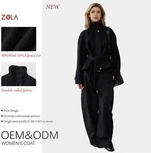 Women's Casual Handmade Winter Alpaca Fur Coat Double Sided Short Woolen Fabric Eco-Friendly Button Closure Detachable Belt