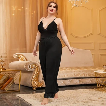 Plain black cami 4xl plus size female footed sleepsuit full body jumpsuit monos pijama onesie conjoined pajamas for women adult