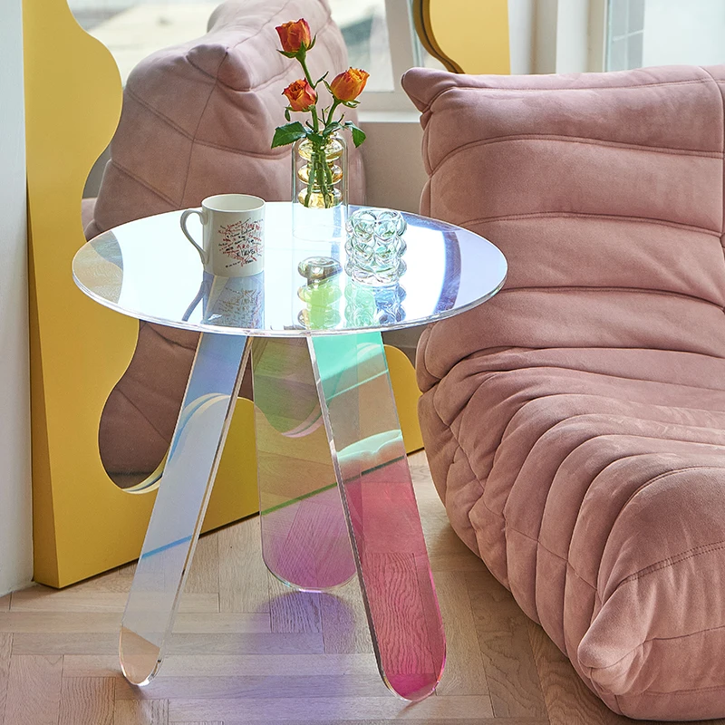 
 2021 Modern Fashion Round Iridescent Acrylic Coffee Table Living Room Furniture Colorful Side Tables Rainbow Acrylic Table  