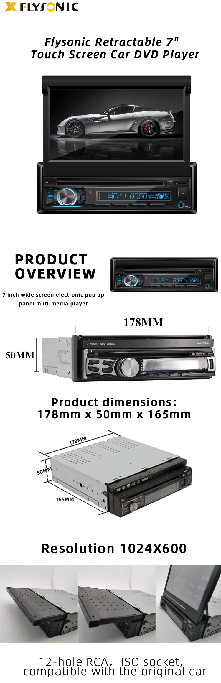 Flysonic 7 Inch Universal Indash Radio Touch Screen Car Cd Player Dvd