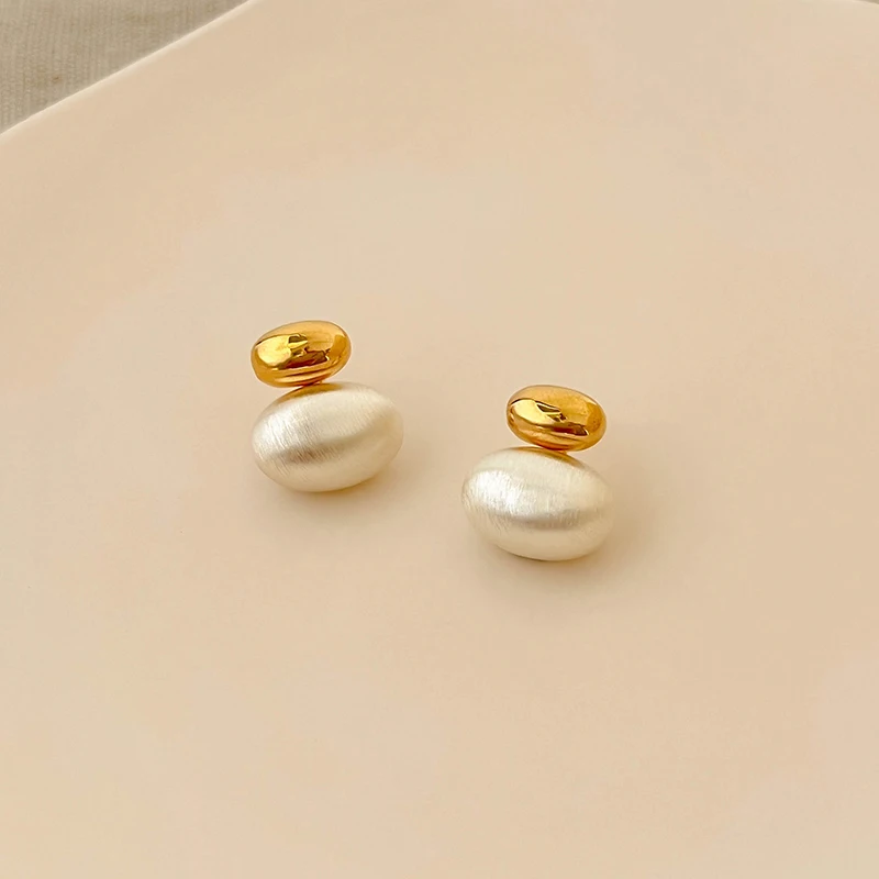 Two Tone Double Circle Brushed Oval Stud Earrings Gold Plated Geometric ...
