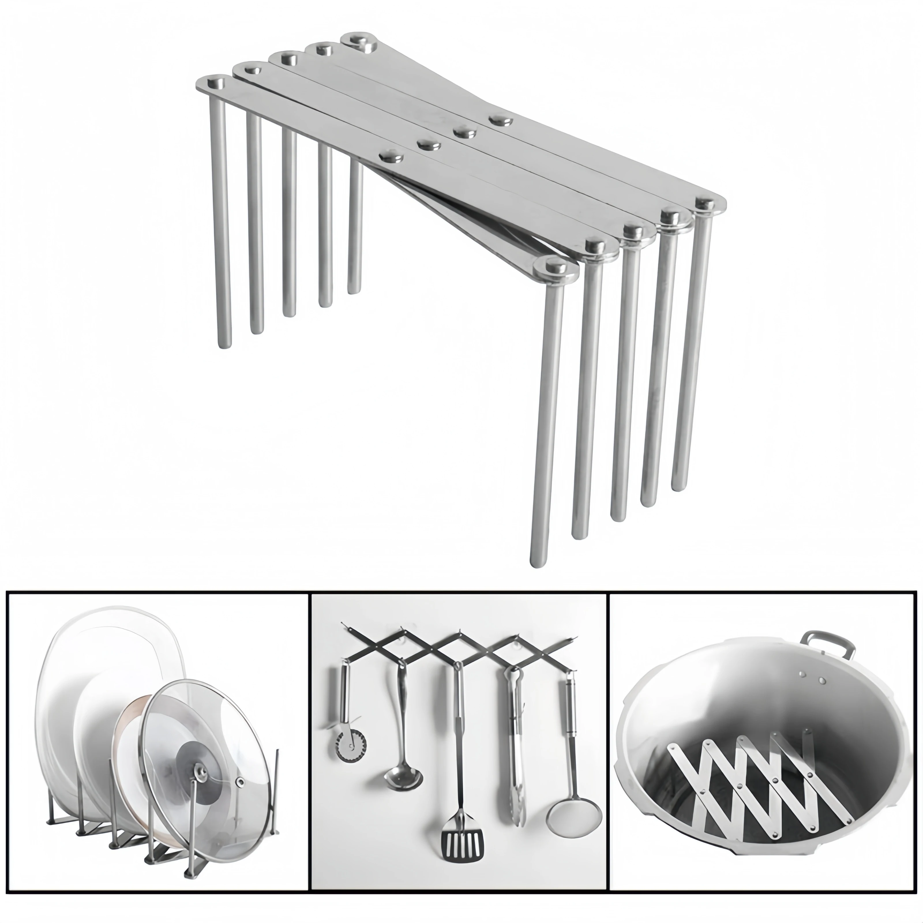 Supporto per coperchio in acciaio inossidabile, lunghezza regolabile, scolapiatti, cestello per cottura a vapore, per cucina domestica, ristorante
