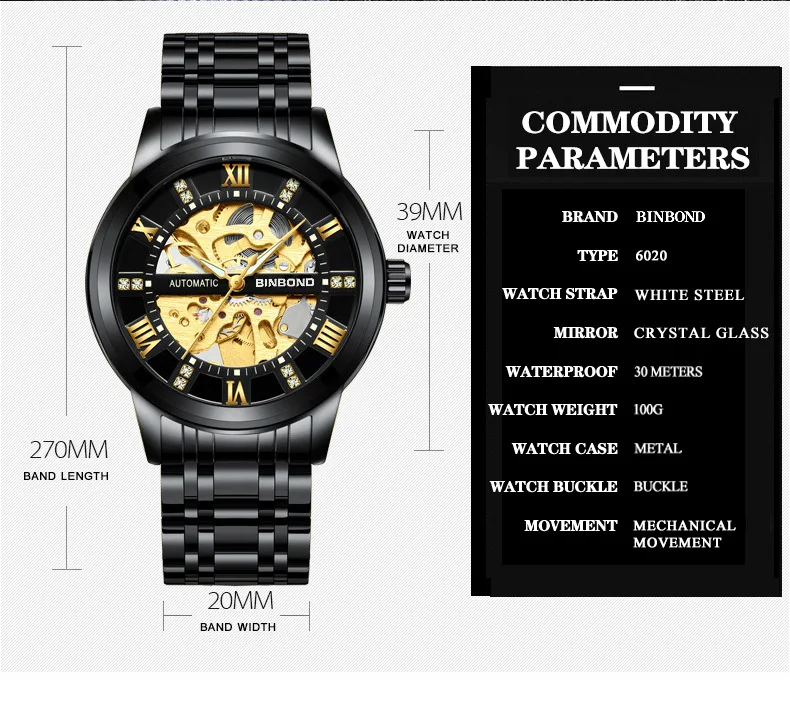 Binbond B6020 6020 Men's Automatic Watches Casual Fashion Original Chronograph Waterproof Stainless Steel Luminous Wristwatch