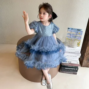 Cute Stylish Girls Sequined Puffy Cake Princess Party Dress Layered Short Performance Summer Dress